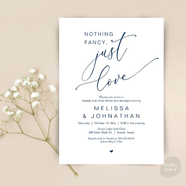 Convites Nada de Rico, apenas amor, dança Jantada de casame (Nothing Fancy, Just Love, Romantic Wedding Dinner Dancing Invitation Card, PDF, in Navy Blue)