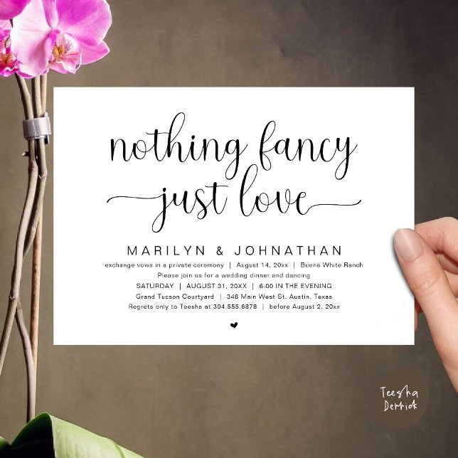 Convites Nada de Rico, apenas amor, dança Jantada de casame (Nothing Fancy, Just Love, Modern Wedding Dinner Dancing Dancing Invitation Card, PDF, White Black)