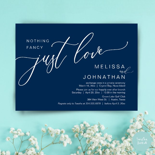 Convites Nada De Rico Apenas Amor, Elopement Brunch (Celebrate with us, Nothing Fancy Just Love, Romantic Wedding Brunch Invitation Card PDF Navy Blue)