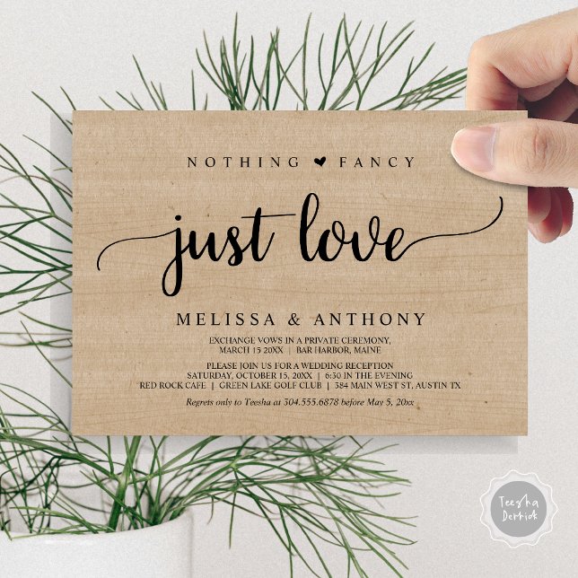 Convites Nada De Rico Apenas Amor, Elopemento, Casamento Ru (Nothing Fancy Just Love, Elopement, Rustic Script Wedding Invitation Card, in Brown Wood)