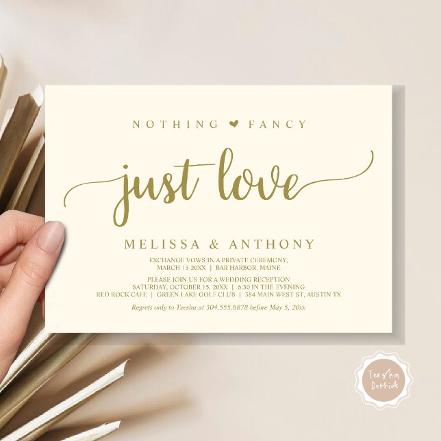 Convites Nada De Rico Apenas Amor, Elopemento, Casamento Ru (Nothing Fancy Just Love, Elopement, Rustic Script Wedding Invitation Card, in Classy Gold)