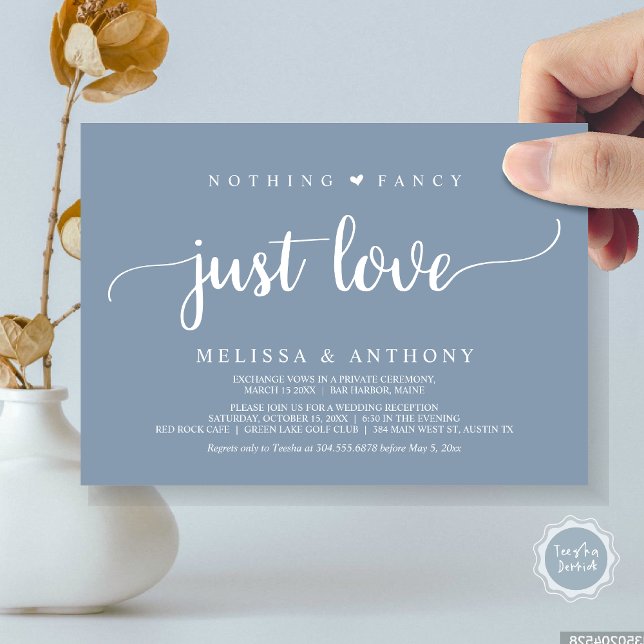 Convites Nada De Rico Apenas Amor, Elopemento, Casamento Ru (Nothing Fancy Just Love, Elopement, Rustic Script Wedding Invitation Card, in Dusty Blue)