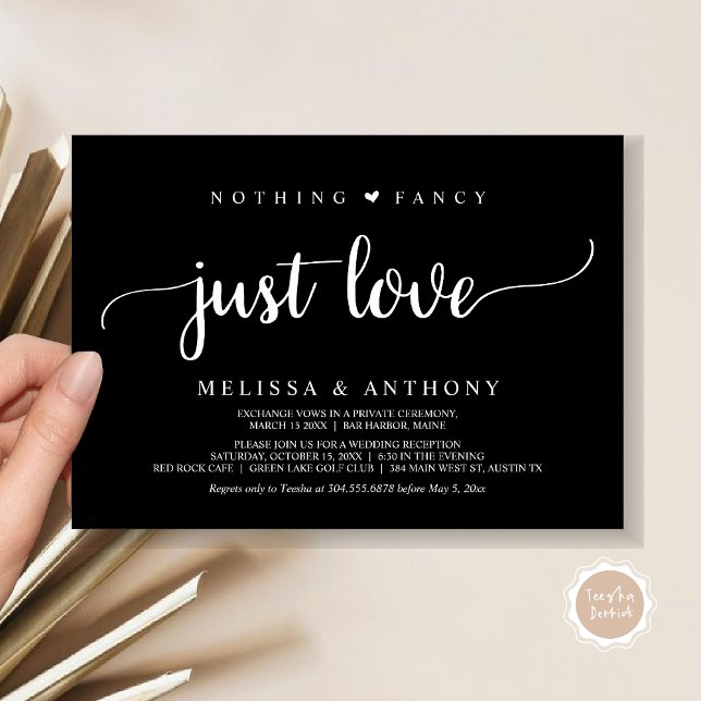 Convites Nada De Rico Apenas Amor, Elopemento, Casamento Ru (Nothing Fancy Just Love, Elopement, Rustic Script Wedding Invitation Card, in Classy Black)