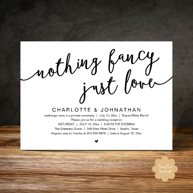 Convites Nada de Rico, apenas amor, festa de elogio de casa (Nothing Fancy, Just Love, Wedding Elopement Dinner Lunch Brunch Party Invites Card  PDF Black White)