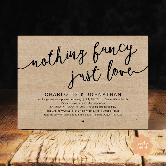 Convites Nada de Rico, apenas amor, festa de elogio de casa (Nothing Fancy, Just Love, Wedding Elopement Dinner Lunch Brunch Party Invites Card  PDF Brown Wood)
