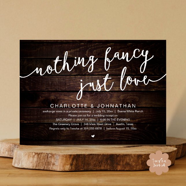 Convites Nada de Rico, apenas amor, festa de elogio de casa (Nothing Fancy, Just Love, Wedding Elopement Dinner Lunch Brunch Party Invites Card  PDF Dark Wood)