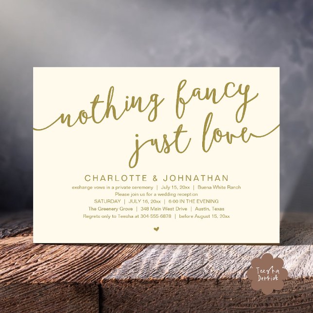 Convites Nada de Rico, apenas amor, festa de elogio de casa (Nothing Fancy, Just Love, Wedding Elopement Dinner Lunch Brunch Party Invites Card  PDF Yellow gold)