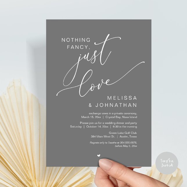 Convites Nada de Rico, apenas amor, festa de elogio de casa (Nothing Fancy, Just Love, Wedding Elopement Dinner Party Invitation Card, PDF, In Dark Grey)