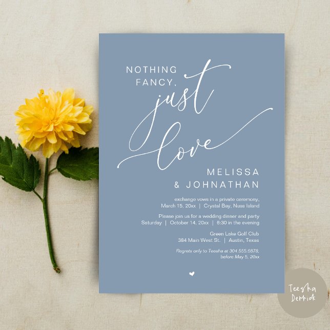 Convites Nada de Rico, apenas amor, festa de elogio de casa (Nothing Fancy, Just Love, Wedding Elopement Dinner Party Invitation Card, PDF, In Dusty Blue)