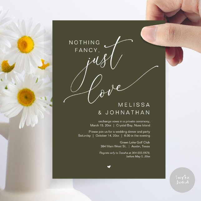 Convites Nada de Rico, apenas amor, festa de elogio de casa (Nothing Fancy, Just Love, Wedding Elopement Dinner Party Invitation Card, PDF, In Olive Green)