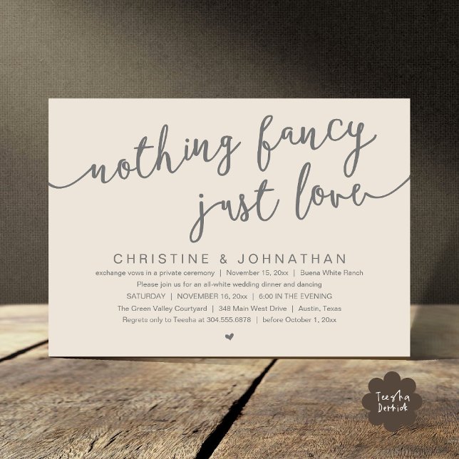 Convites Nada de Rico, apenas amor, festa de elogio de casa (Nothing Fancy, Just Love, Wedding Elopement Party Invites Card PDF Modern Cottage Rustic Cream Grey)