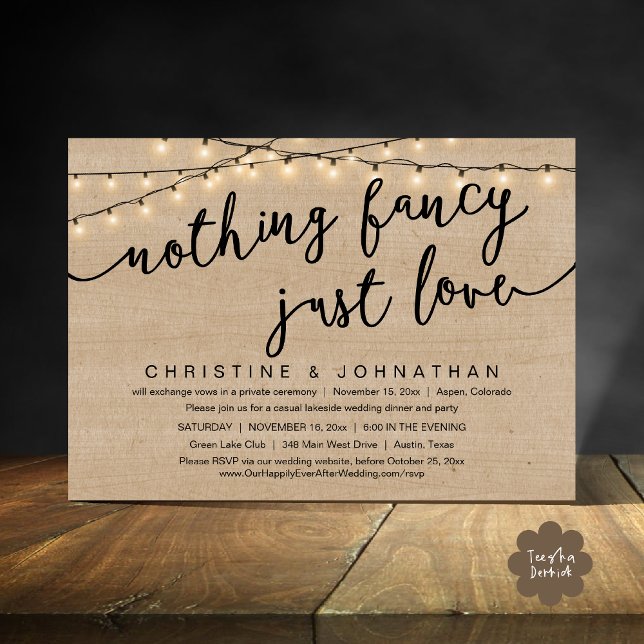 Convites Nada de Rico, apenas amor, festa de elogio de casa (Nothing Fancy, Just Love, Wedding Elopement Party Invites Card PDF Rustic Cottage Light Brown Wood)