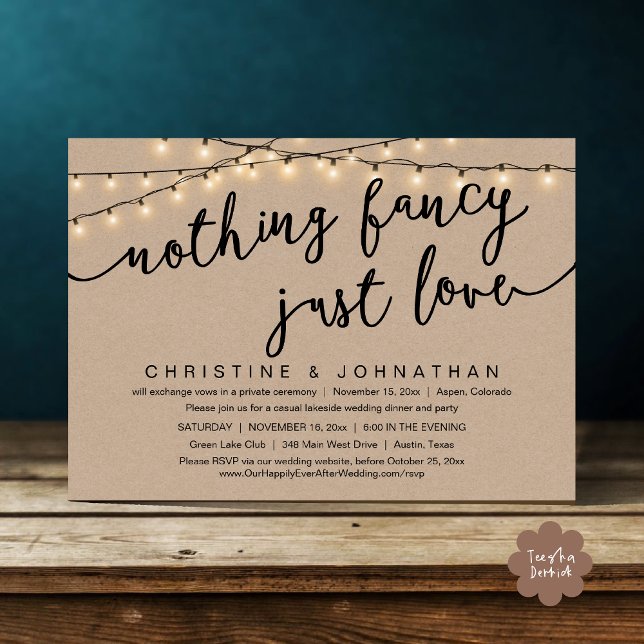 Convites Nada de Rico, apenas amor, festa de elogio de casa (Nothing Fancy, Just Love, Wedding Elopement Party Invites Card PDF Rustic Cottage Light Brown Kraft)