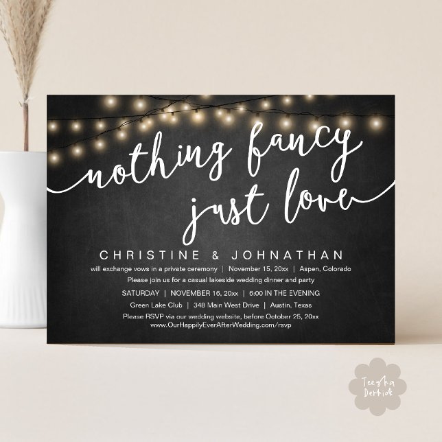 Convites Nada de Rico, apenas amor, festa de elogio de casa (Nothing Fancy, Just Love, Wedding Elopement Party Invites Card PDF String Lights Black Chalkboard)