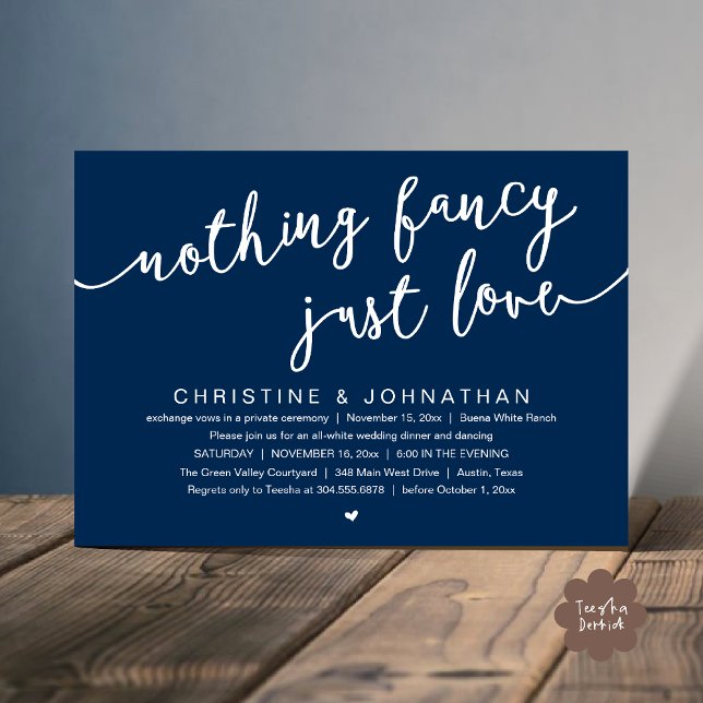 Convites Nada de Rico, apenas amor, festa de elogio de casa (Nothing Fancy, Just Love, Wedding Elopement Party Invites Card PDF Modern Cottage Rustic Navy Blue)