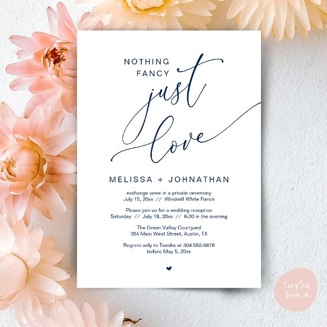 Convites Nada de Rico, apenas amor, festa Recepção de casam (Nothing Fancy Just Love Wedding Reception Dinner Lunch Brunch Romantic Invites Card PDF Navy Blue)