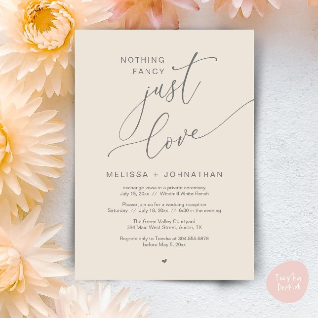 Convites Nada de Rico, apenas amor, festa Recepção de casam (Nothing Fancy Just Love Wedding Reception Dinner Lunch Brunch Romantic Invites Card PDF Cream Grey)