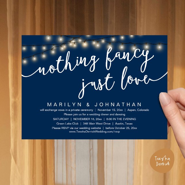 Convites Nada de Rico, apenas amor, Janto de casamento russ (Nothing Fancy, Just Love, Rustic Cottage String Lights, Wedding Dinner Invites Card, PDF, Navy Blue)