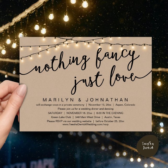 Convites Nada de Rico, apenas amor, Janto de casamento russ (Nothing Fancy, Just Love, Rustic Cottage String Lights, Wedding Dinner Invites Card, PDF, Brown Kraf)