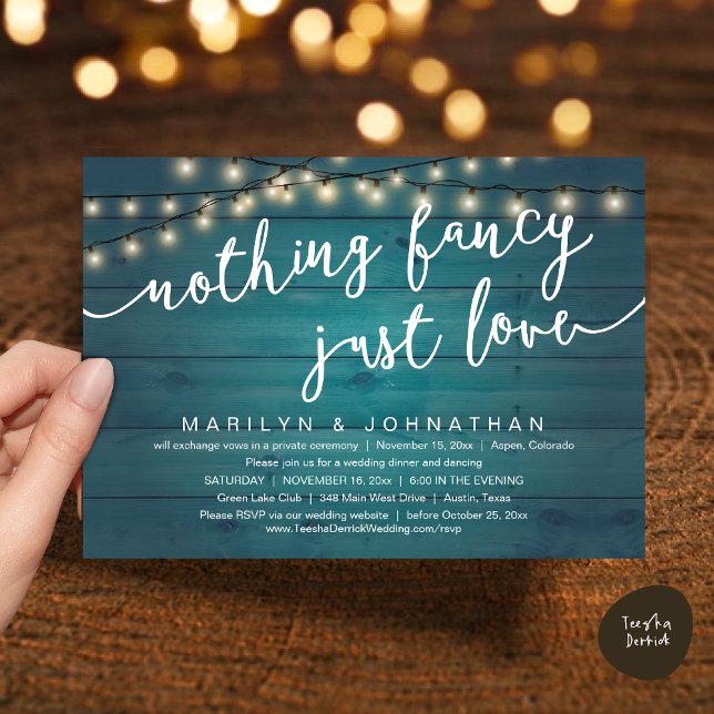 Convites Nada de Rico, apenas amor, Janto de casamento russ (Nothing Fancy, Just Love, Rustic Cottage String Lights, Wedding Dinner Invites Card, PDF, Teal Blue)