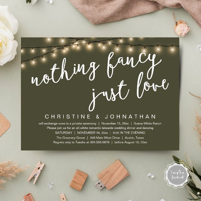 Convites Nada de Rico, apenas amor Janto de casamento russo (Nothing Fancy, Just Love Rustic Wedding Dinner Invitation Card PDF String Lights Olive Green)