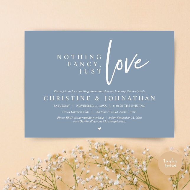Convites Nada de Rico, apenas amor, Janto de elogios de cas (Nothing Fancy, Just Love, Wedding Elopement Dinner Invitation Card, PDF, in Dusty Blue)