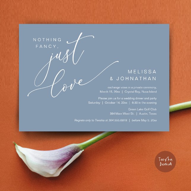 Convites Nada de Rico, apenas amor, Janto de elogios de cas (Nothing Fancy, Just Love, Wedding Elopement Dinner Invitation Card, PDF, in Dusty Blue)