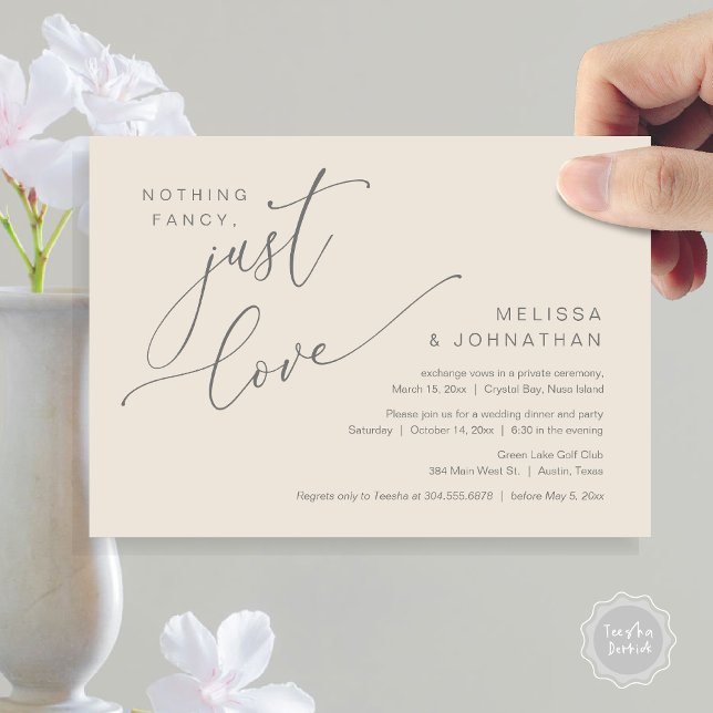 Convites Nada de Rico, apenas amor, Janto de elogios de cas (Nothing Fancy, Just Love, Wedding Elopement Dinner Invitation Card, PDF, in Cream and Grey)