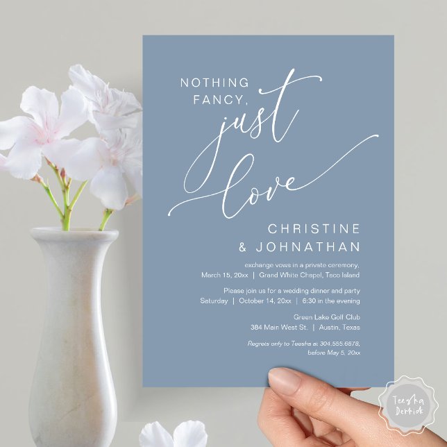 Convites Nada de Rico, apenas amor, Janto de elogios de cas (Nothing Fancy Just Love, Wedding Elopement Dinner Party Invitation Card, PDF, Dusty Blue)