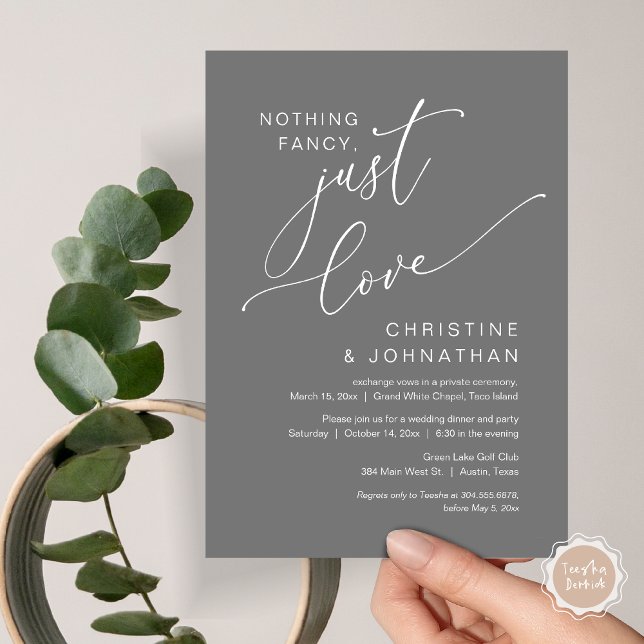 Convites Nada de Rico, apenas amor, Janto de elogios de cas (Nothing Fancy Just Love, Wedding Elopement Dinner Party Lunch Brunch Invitation Card, PDF, Dark Grey)