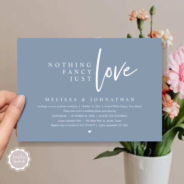 Convites Nada de Rico, apenas amor Janto de elogios de casa (Nothing Fancy, Just Love Wedding Elopement Dinner Party Invitation Card, PDF, Dusty Blue)