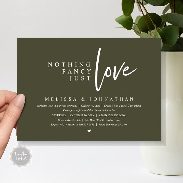 Convites Nada de Rico, apenas amor Janto de elogios de casa (Nothing Fancy, Just Love Wedding Elopement Dinner Party Invitation Card, PDF, Olive Green)