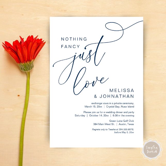 Convites Nada de Rico, apenas amor, Janto romântico de casa (Nothing Fancy, Just Love, Wedding Elopement Dinner Invitation Card, PDF, Modern Romantic, Navy Blue)