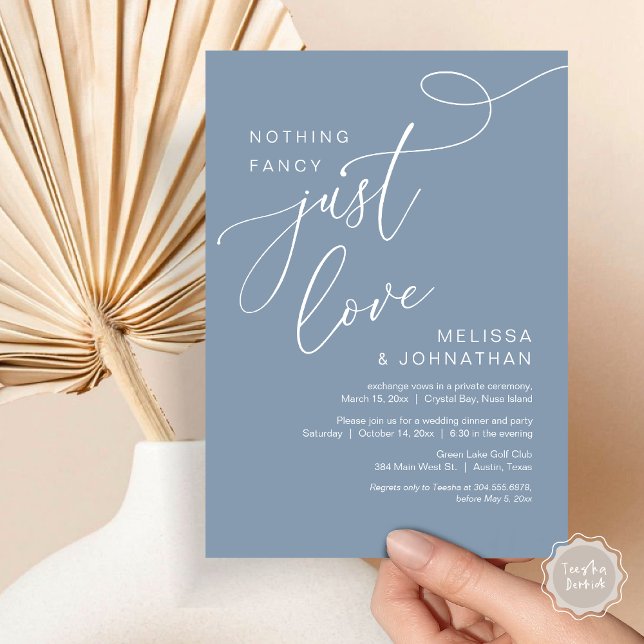 Convites Nada de Rico, apenas amor, Janto romântico de casa (Nothing Fancy, Just Love, Romantic Wedding Elopement Dinner Invitation Card, PDF, Dusty Blue)