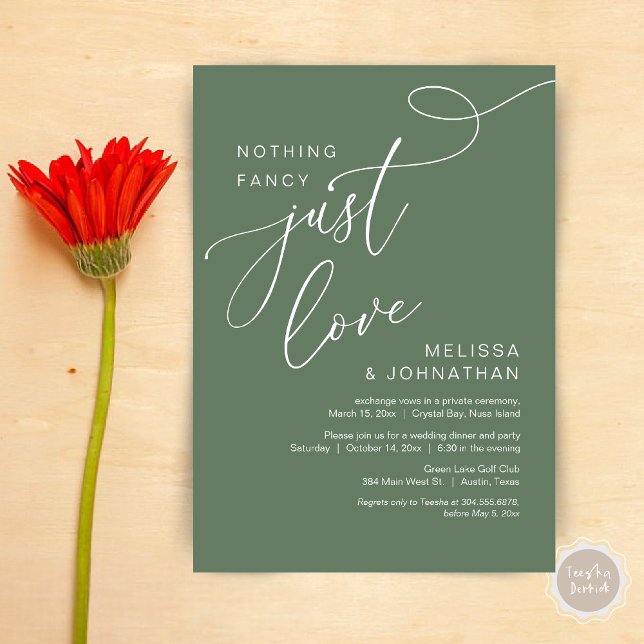 Convites Nada de Rico, apenas amor, Janto romântico de casa (Nothing Fancy, Just Love, Romantic Wedding Elopement Dinner Invitation Card, PDF, Forest Sage Green)