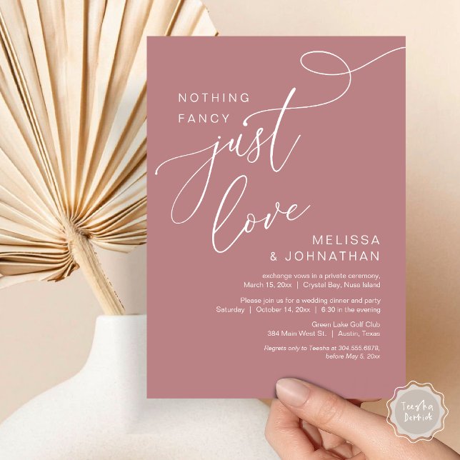 Convites Nada de Rico, apenas amor, Janto romântico de casa (Nothing Fancy, Just Love, Romantic Wedding Elopement Dinner Invitation Card, PDF, Dusty Rose Pink)