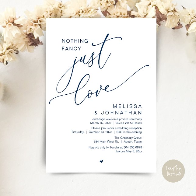 Convites Nada de Rico, apenas amor, Recepção de casamento (Nothing Fancy, Just Love, Wedding Reception Dinner Party Brunch Lunch Invitation Card Navy Blue)
