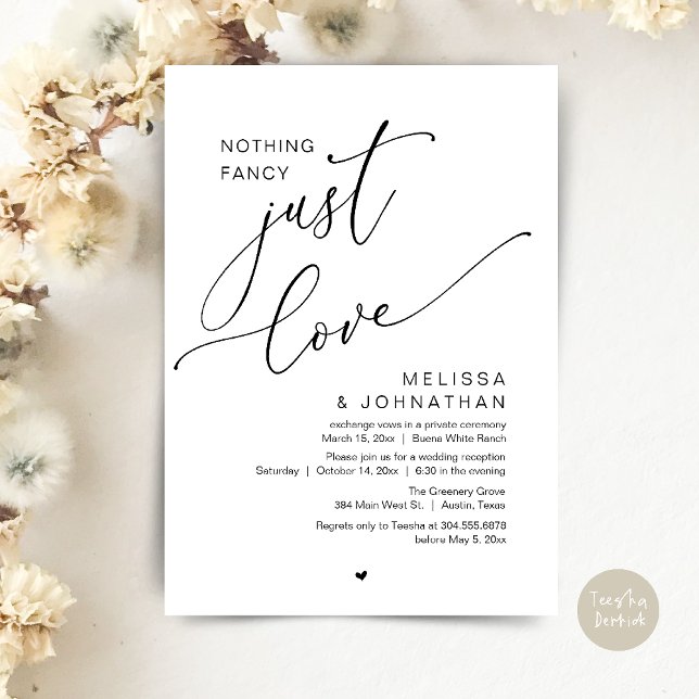 Convites Nada de Rico, apenas amor, Recepção de casamento (Nothing Fancy, Just Love, Wedding Reception Dinner Party Brunch Lunch Invitation Card Black White)
