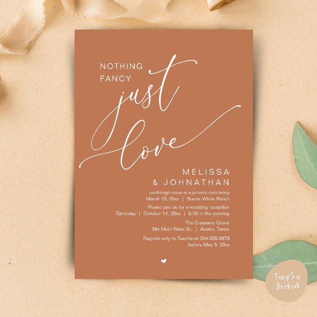 Convites Nada de Rico, apenas amor, Recepção de casamento (Nothing Fancy, Just Love, Wedding Reception Dinner Party Brunch Lunch Invitation Card Brown copper)