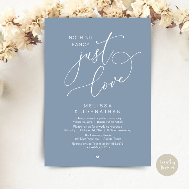 Convites Nada de Rico, apenas amor, Recepção de casamento (Nothing Fancy, Just Love, Wedding Reception Dinner Party Brunch Lunch Invitation Card Dusty Blue)