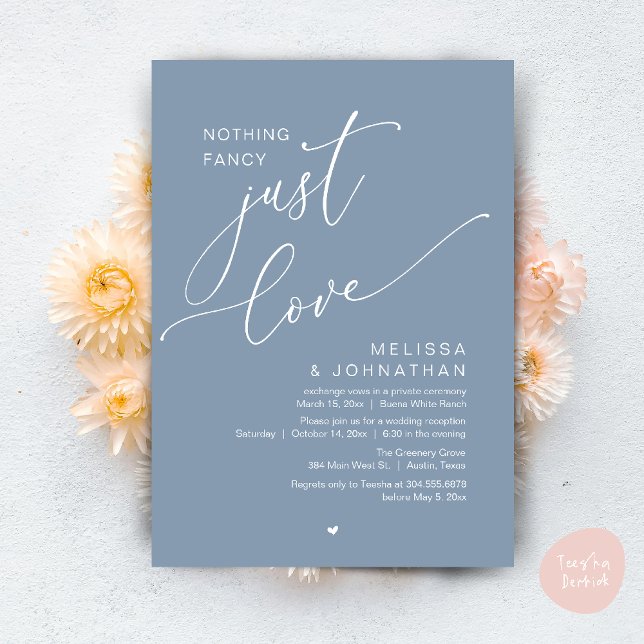 Convites Nada de Rico, apenas amor, Recepção de casamento (Nothing Fancy, Just Love, Wedding Reception Dinner Party Brunch Lunch Invitation Card Dusty Blue)