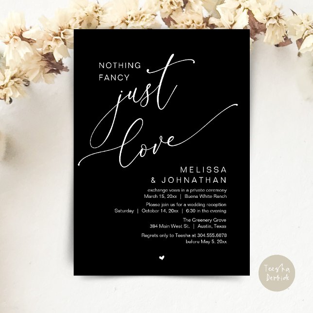 Convites Nada de Rico, apenas amor, Recepção de casamento (Nothing Fancy, Just Love, Wedding Reception Dinner Party Brunch Lunch Invitation Card Classy Black)