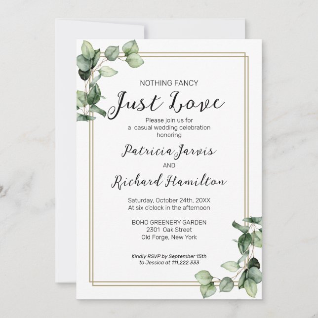 Convites Nada de Rico Dourado Frame Greenery Casamento (Frente)