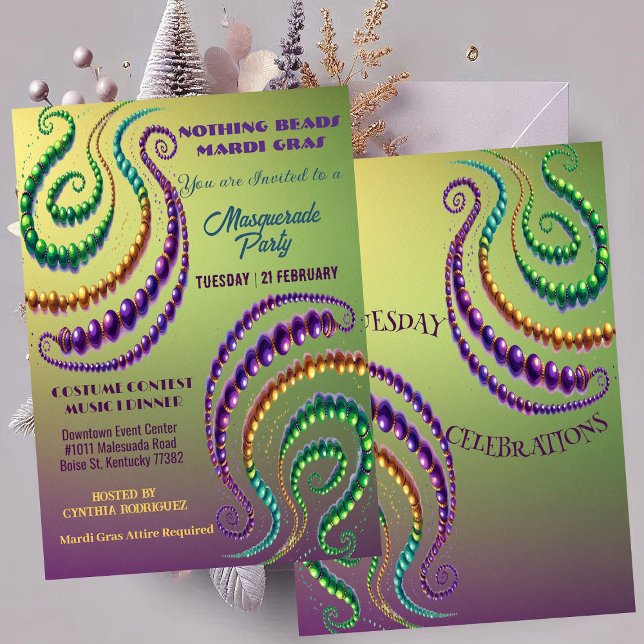 Convites Nada do Miçanga Mardi Gras Colors Mascarada (Nothing Beads Mardi Gras Colors Masquerade Party Invitation)