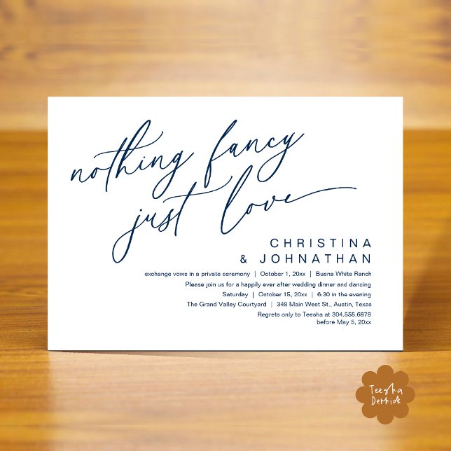 Convites Nada Rico Apenas Adora Festa Jante De Casamento (Nothing Fancy Just Love Modern Romantic Wedding Dinner Party Invitation Card PDF Navy Blue)