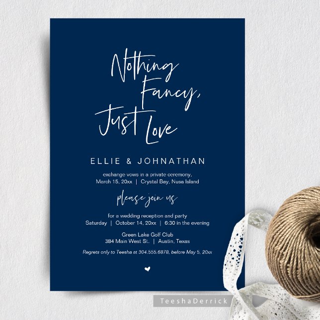 Convites Nada Rico Apenas Amor, Janto De Elopemento De Casa (Nothing Fancy Just Love, Wedding Elopement Dinner or Brunch Invitation, in Classy Navy Blue Theme.)