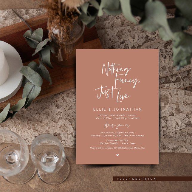 Convites Nada Rico Apenas Amor, Janto De Elopemento De Casa (Nothing Fancy Just Love, Wedding Elopement Dinner or Brunch Invitation, in Rustic Terracotta Brown.)