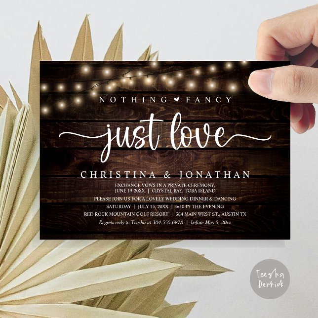 Convites Nada Rico Apenas Amor, Janto Russo De Casamento (Nothing Fancy Just Love, Rustic Wedding Dinner Invitation card, pdf, in cottage dark wood)