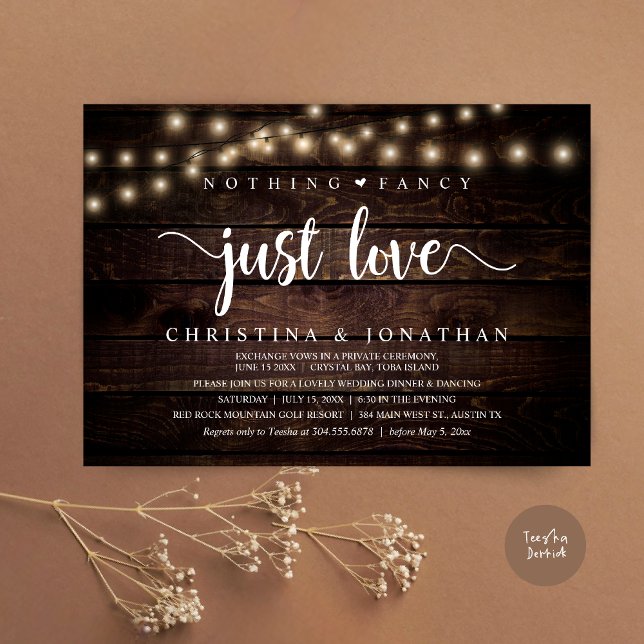 Convites Nada Rico Apenas Amor, Janto Russo De Casamento (Nothing Fancy Just Love, Rustic Wedding Dinner Invitation card, pdf, in cottage dark wood)