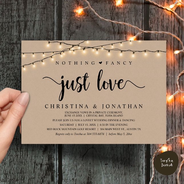 Convites Nada Rico Apenas Amor, Janto Russo De Casamento (Nothing Fancy Just Love, Rustic Wedding Dinner Invitation Card, PDF, String Lights Brown Kraft)